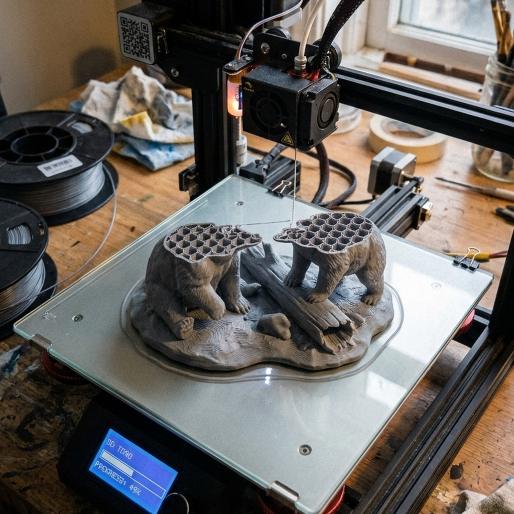 Stampa 3D della statuetta degli orsi in corso