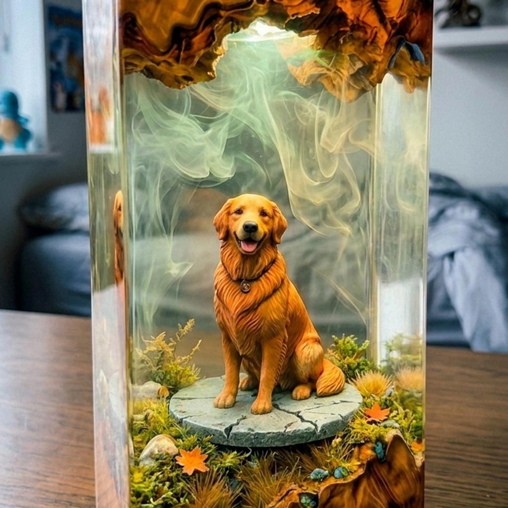 Lampada in resina con la statuetta del cane illuminata