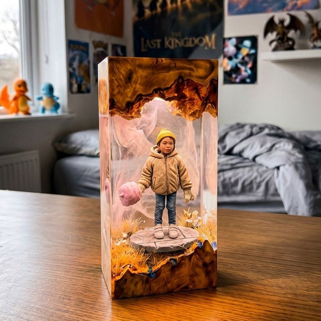 Lampada in resina con la statuetta della bambina illuminata