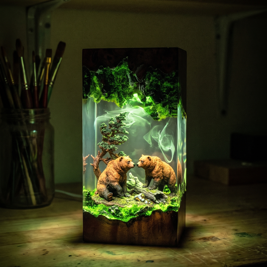 Lampada in resina con la scena degli orsi illuminata di verde