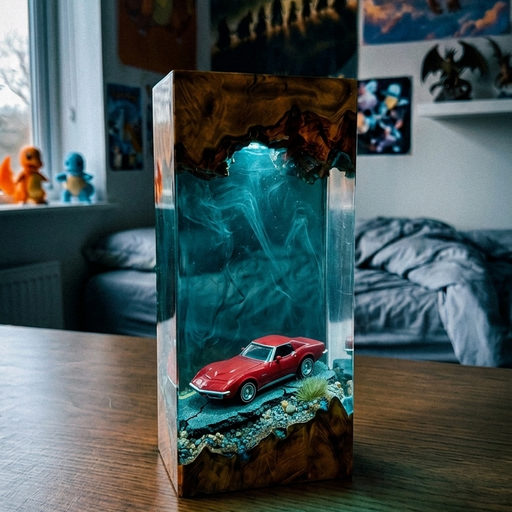 Lampada in resina con l'auto rossa immersa nel diorama illuminato